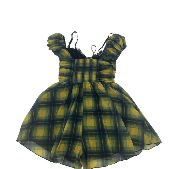 Urban Outfitters UO Tula Layered Mesh Playsuit  Romper Size Medium Plaid Smock - Picture 3 of 11
